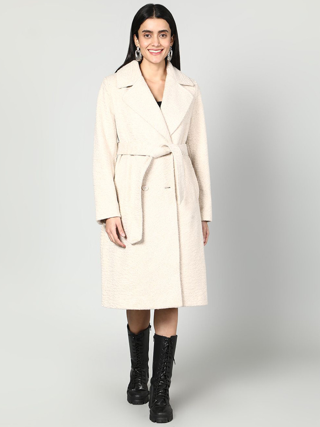 Fashion Gaiia Spread Collar Neck Tie Belt Double Breasted Overcoat