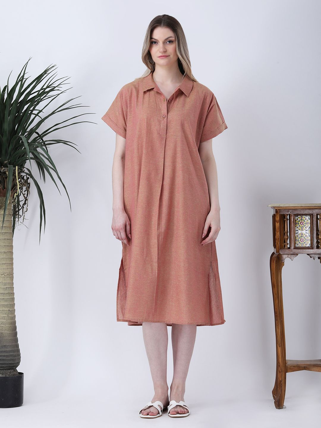 Qurvii Rust Brown Solid Oversized Linen Shirt Dress