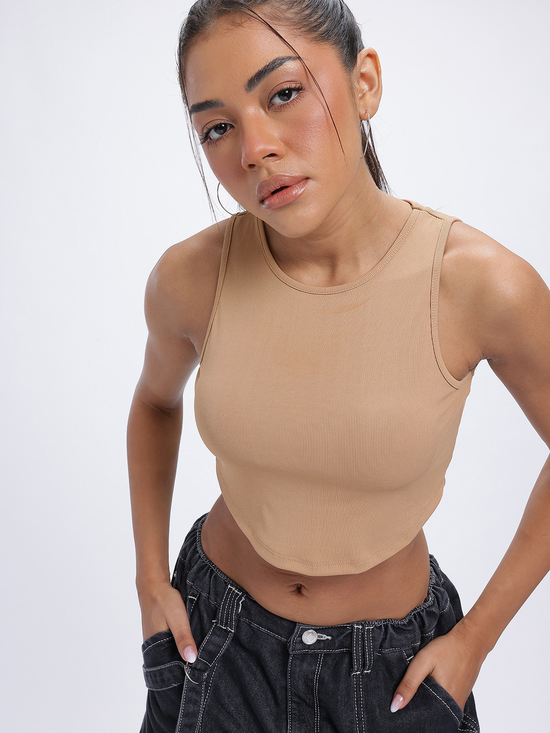 Beige Ribbed Sleeveless Crop Top