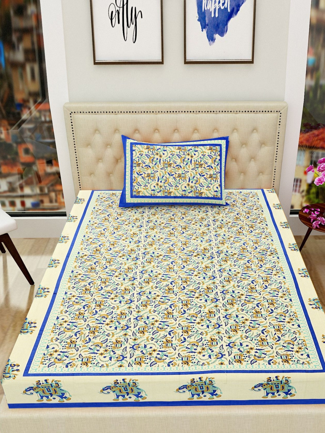 POORAK Loroco Jaipuri Cream Ethnic Motifs Cotton Breathable 104 TC Single Coarse Bedsheet with a Pillow Cover-160.1 x 90 inches