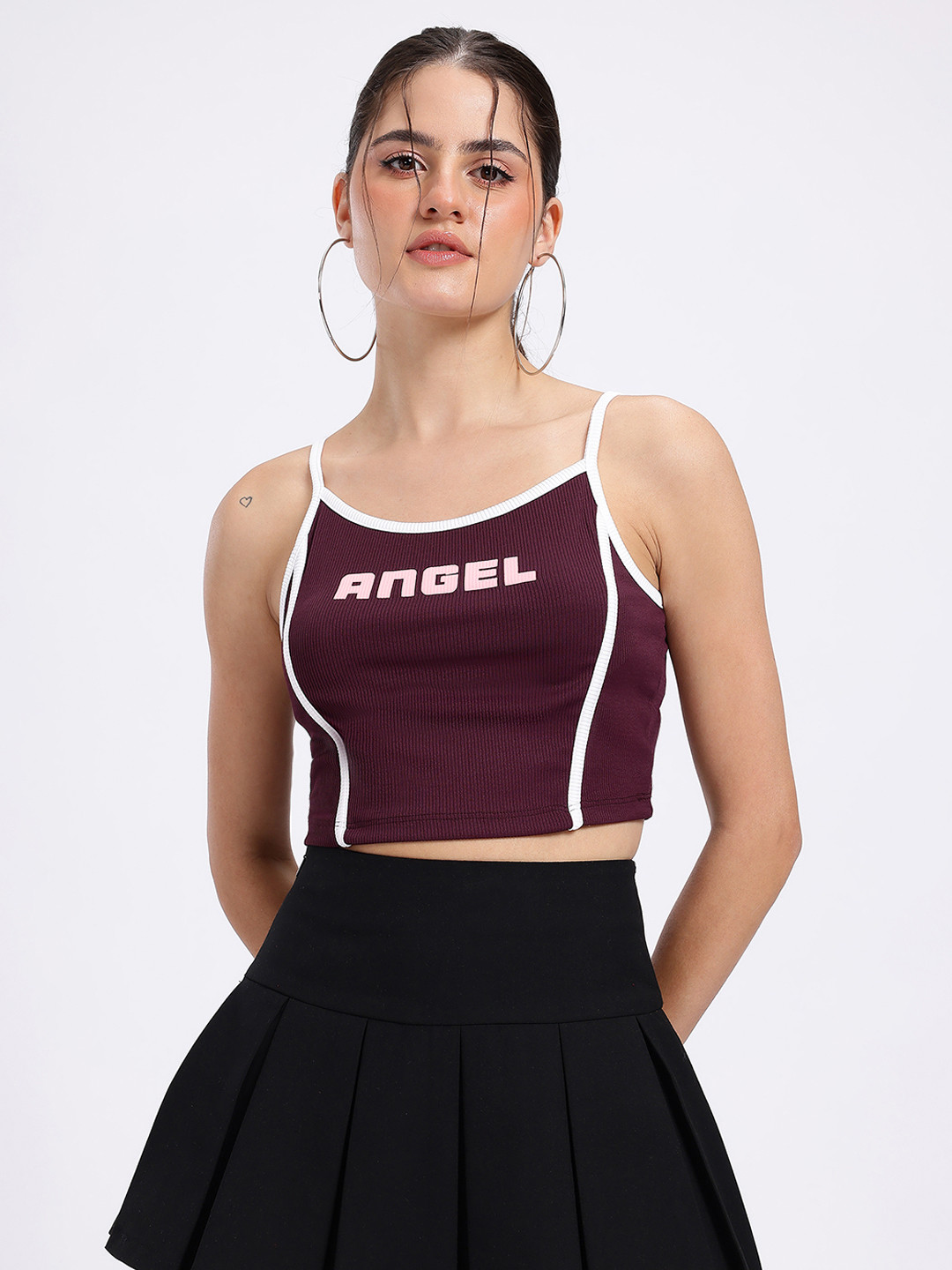 Burgundy Typography Ribbed Crop Top