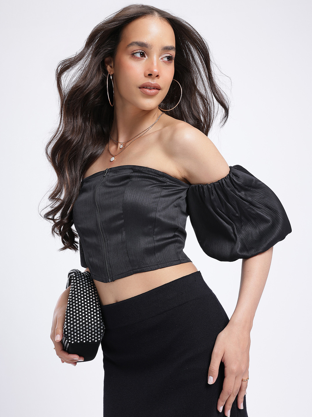 glitchez Pleated Off-Shoulder Crinkled Crop Top