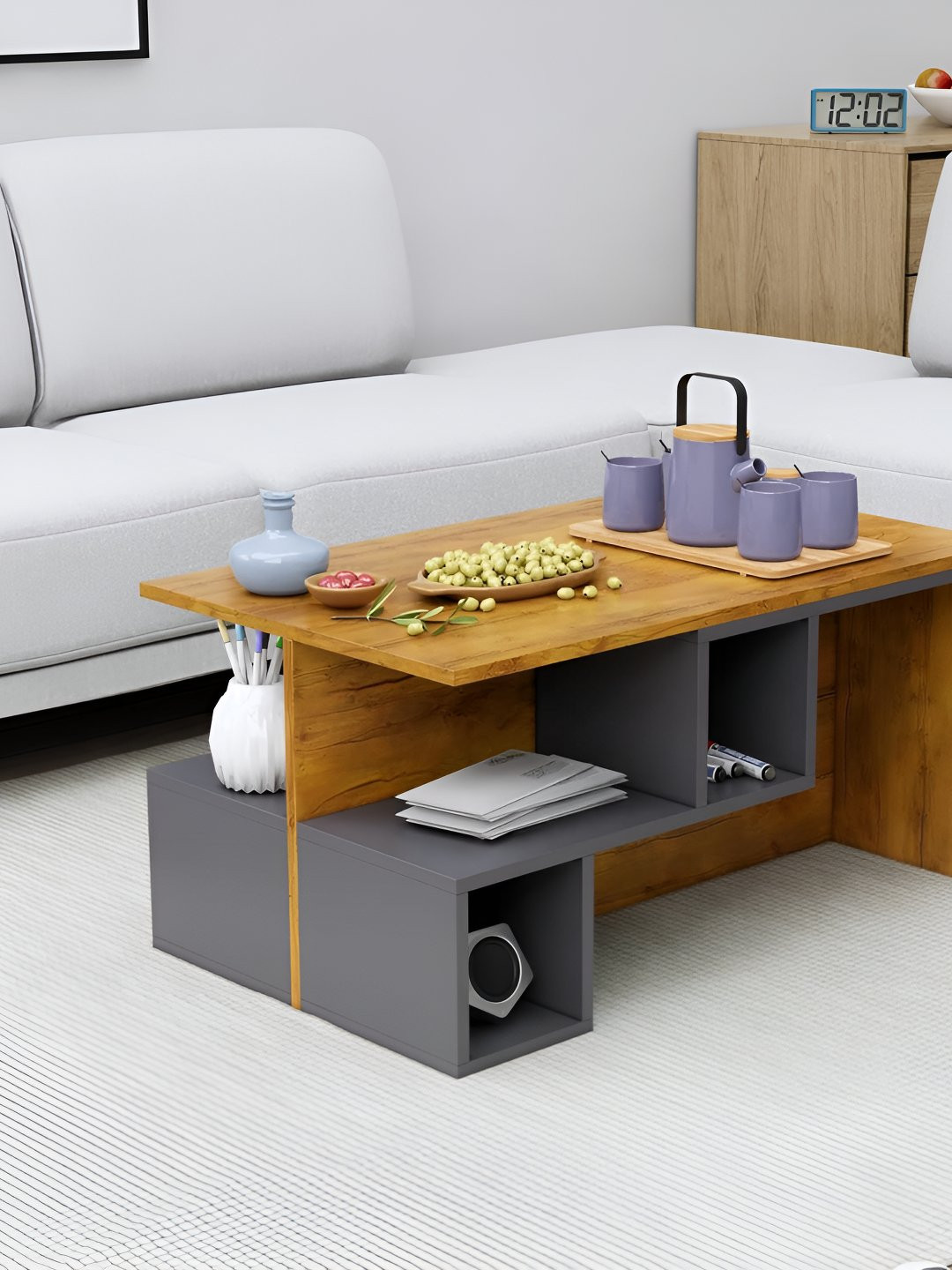 HEXA RED Grey & Brown Textured Wooden Rectangle Coffee Table