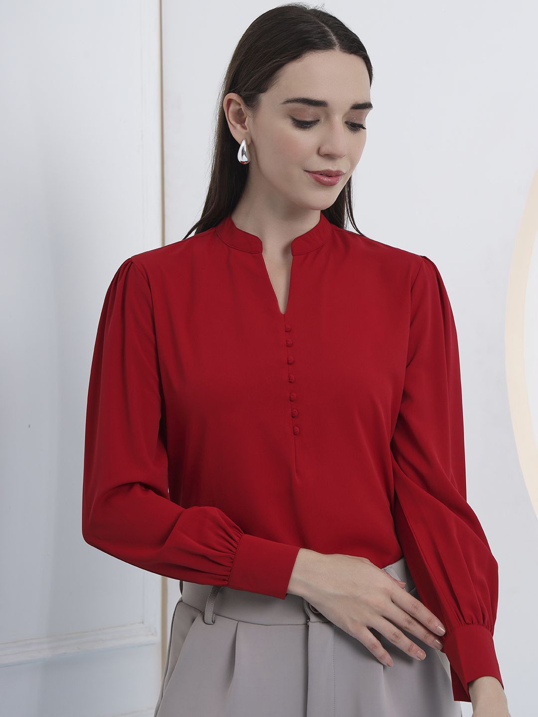 All About You Women Formals Mandarin Collar Cuffed Sleeves Top