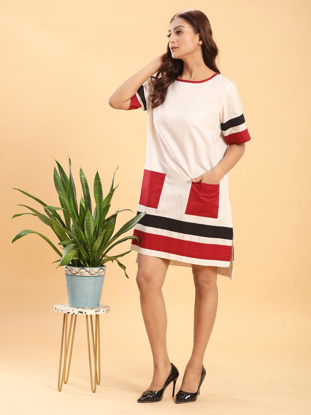 BohoJazz Women Striped Utility Pockets Round Neck Linen T-shirt Dress