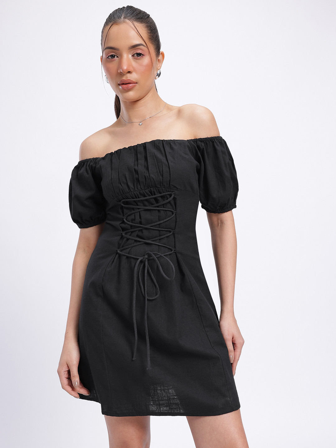 glitchez Jolly Cookie Pure Cotton Off-Shoulder Lace-Up Detail Mini A-Line Dress