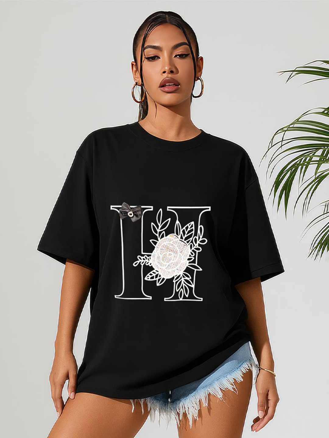 GRACE & JACK Floral Monogram H 3D Floral Bow Tie Embellishment Oversized T-shirt