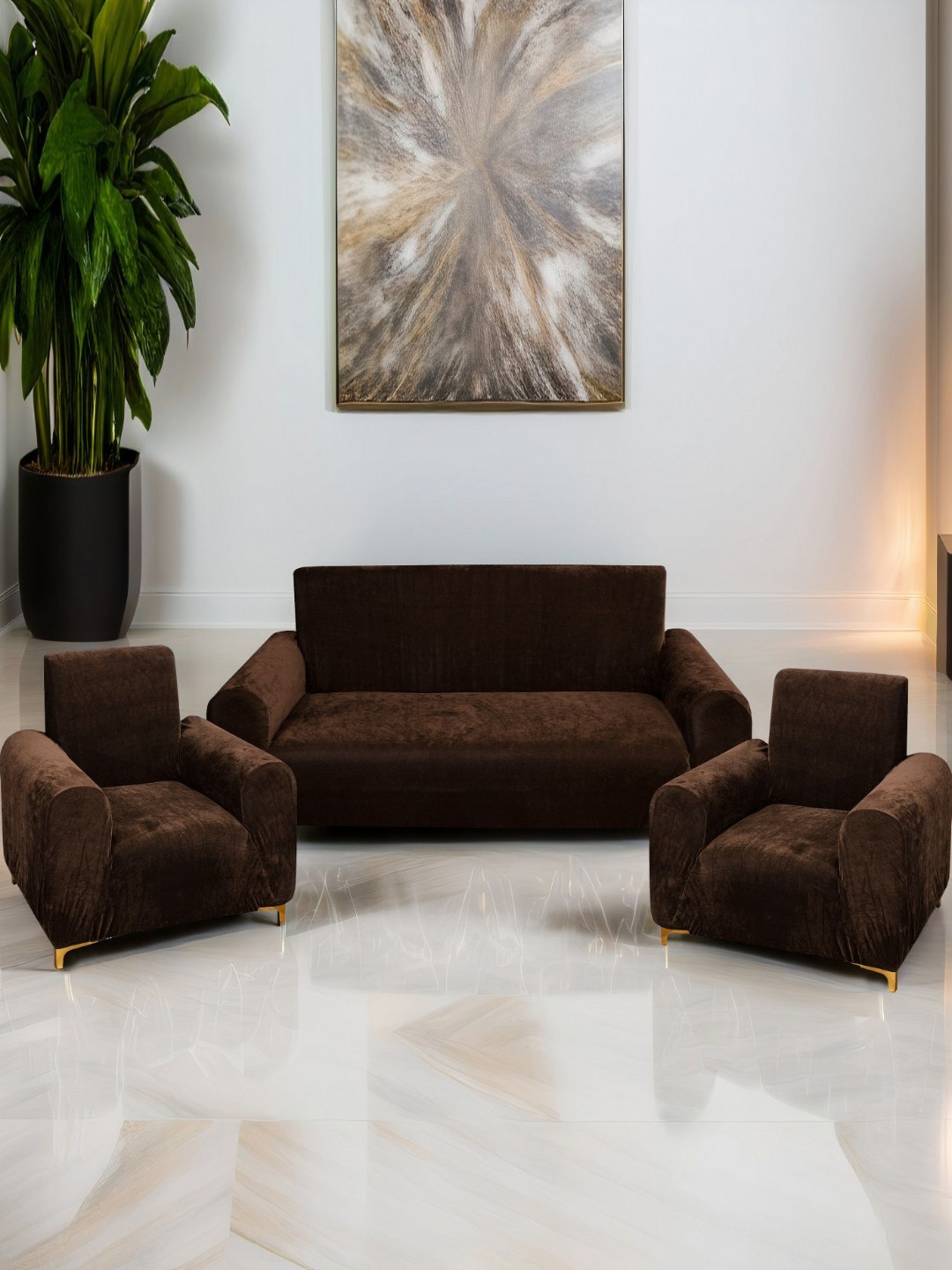 DECOR VATIKA Brown 3 Pieces Velvet Sofa Cover With Arms
