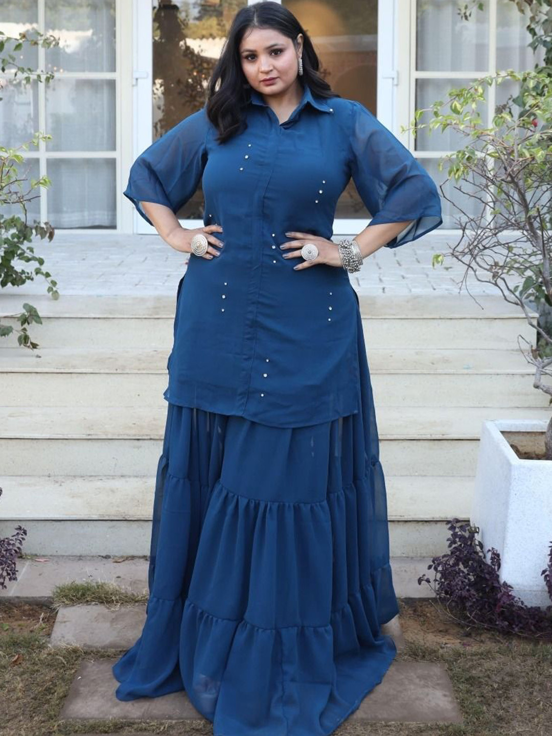 Swadeshi Shringaar Misty Blue Georgette Sharara Set