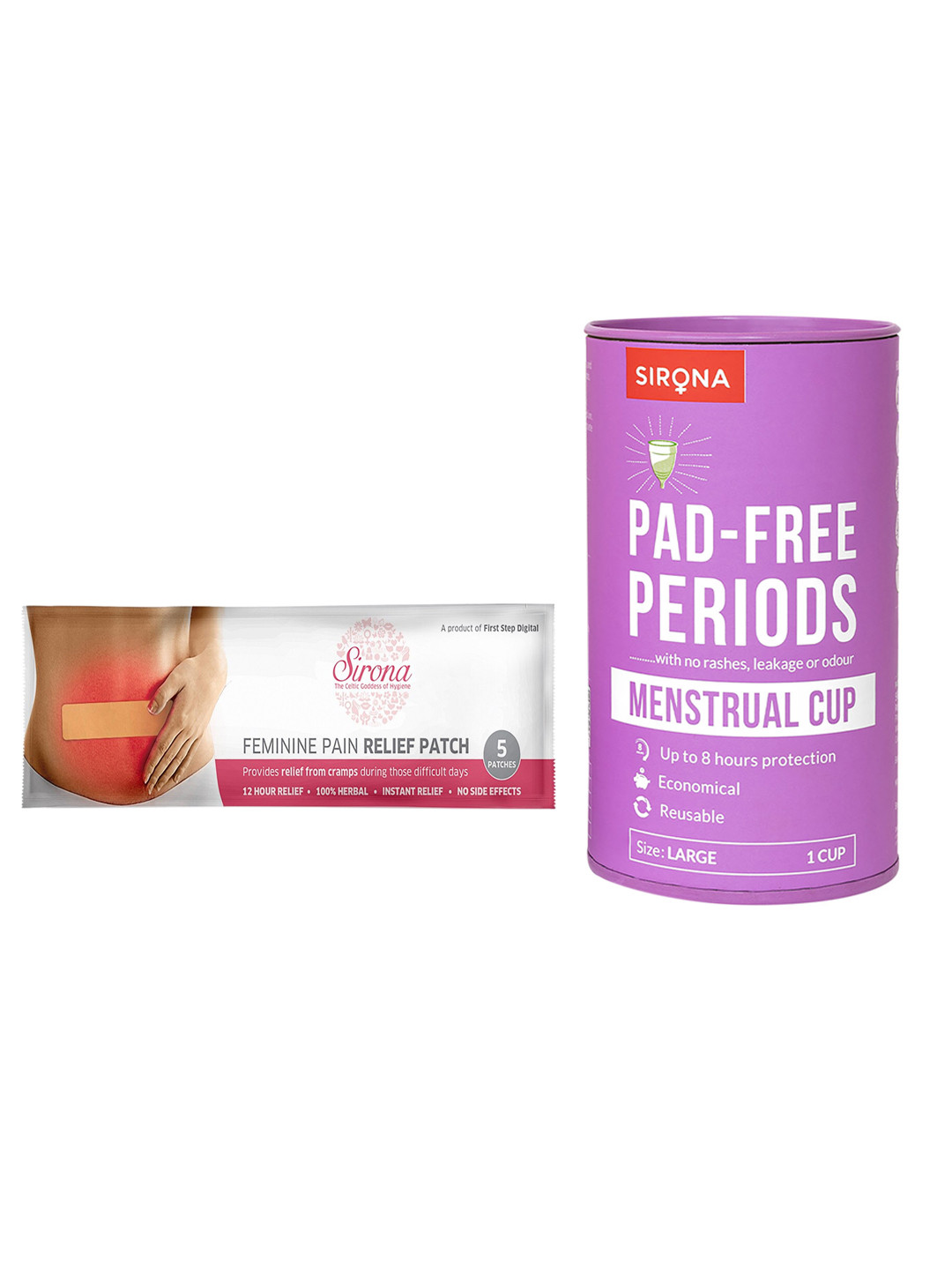 Sirona Set of Reusable Menstrual Cup - Large & Feminine Pain Relief Patches - 5 Patches