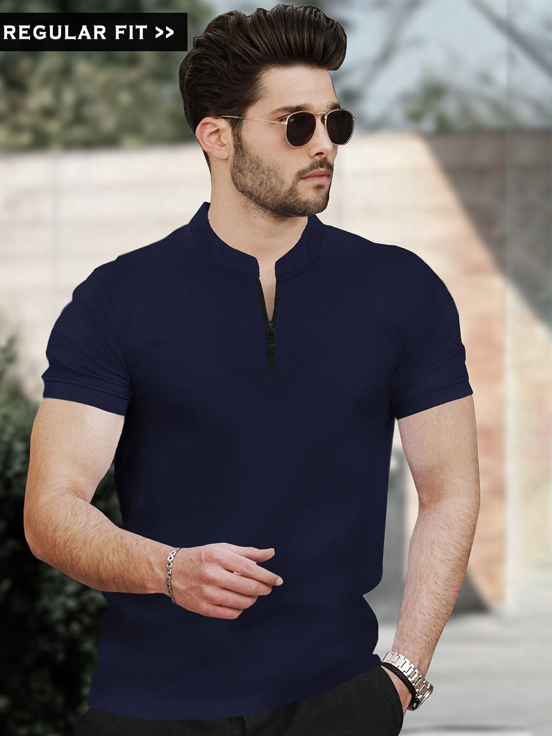 TRIPR Navy Blue Henley Neck Short Sleeves Casual T-shirt