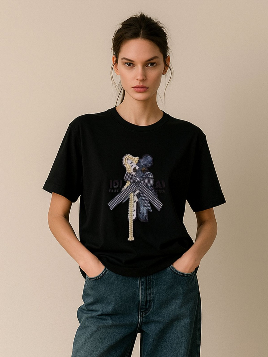 GRACE & JACK Women Black Teddy Charm Denim 3D Bow & Lace T-shirt