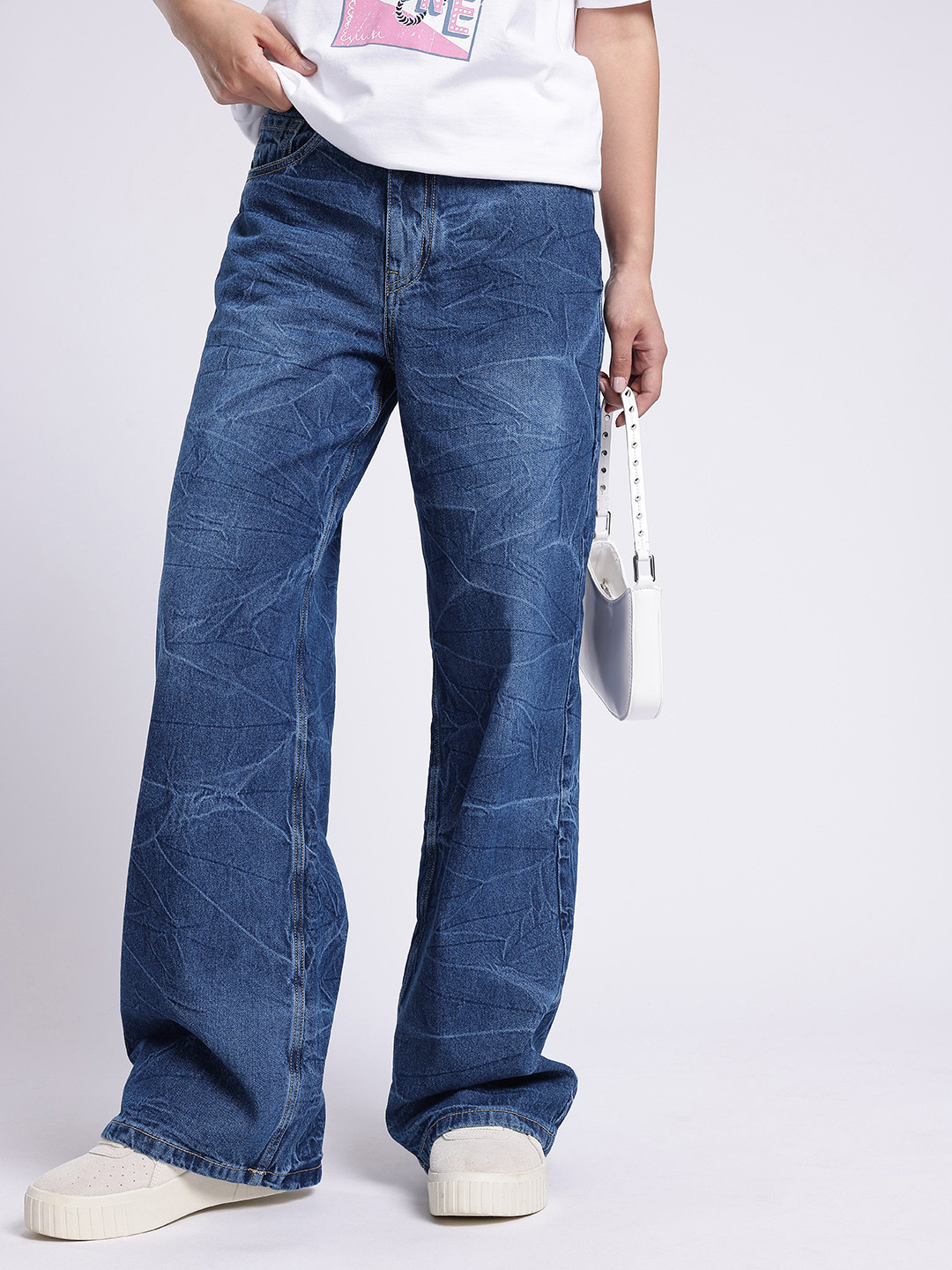 glitchez Women Crinkle Effect Baggy Wide Leg Light Fade Jeans