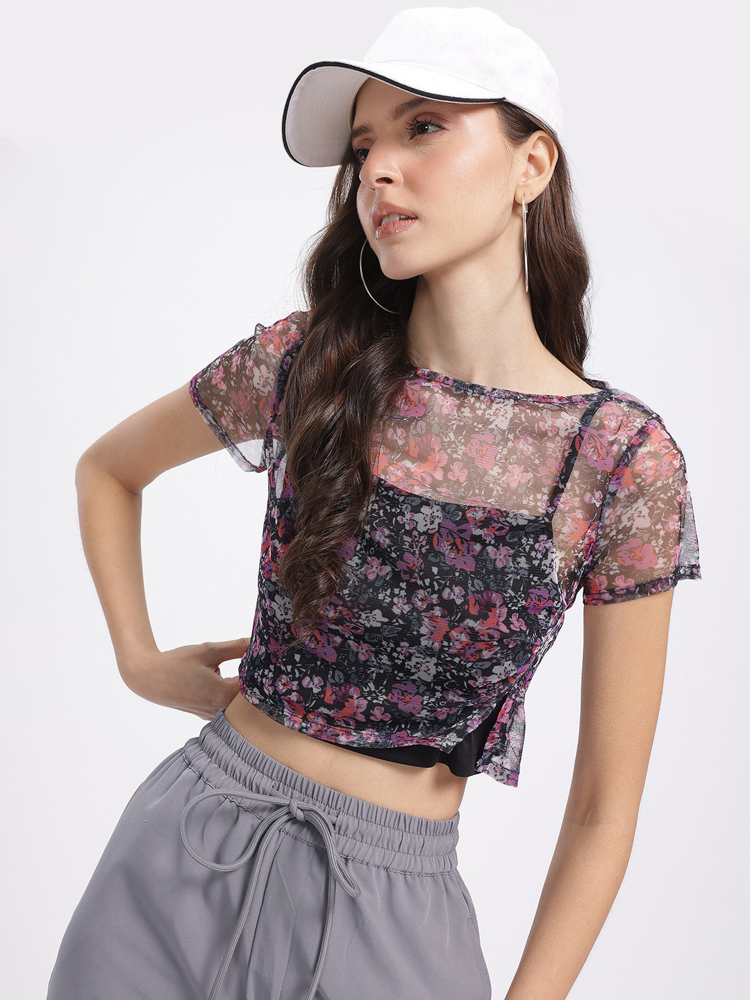 DressBerry Print Semi-Sheer Crop Top with Lining