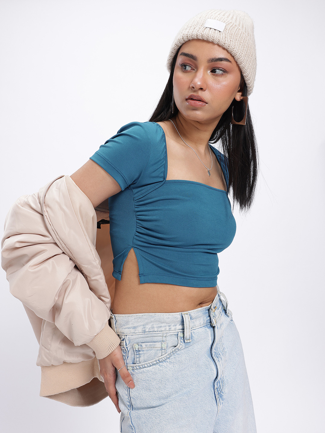 glitchez Ruched Square Neck Crop Fitted Top