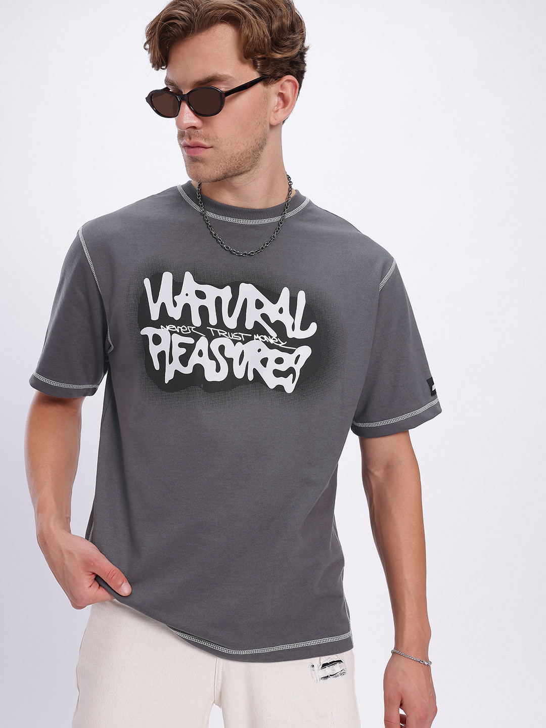 UNRL Grey Typography Oversized Cotton T-shirt