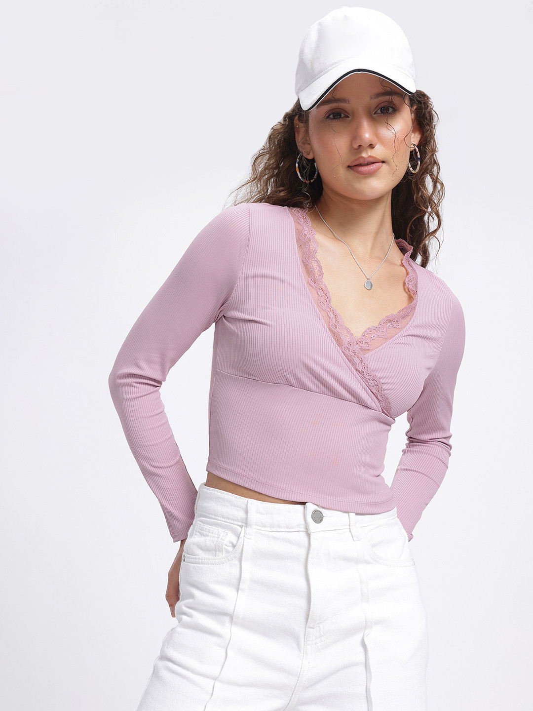 Mauve Ribbed Lace Insert Fitted Crop Top