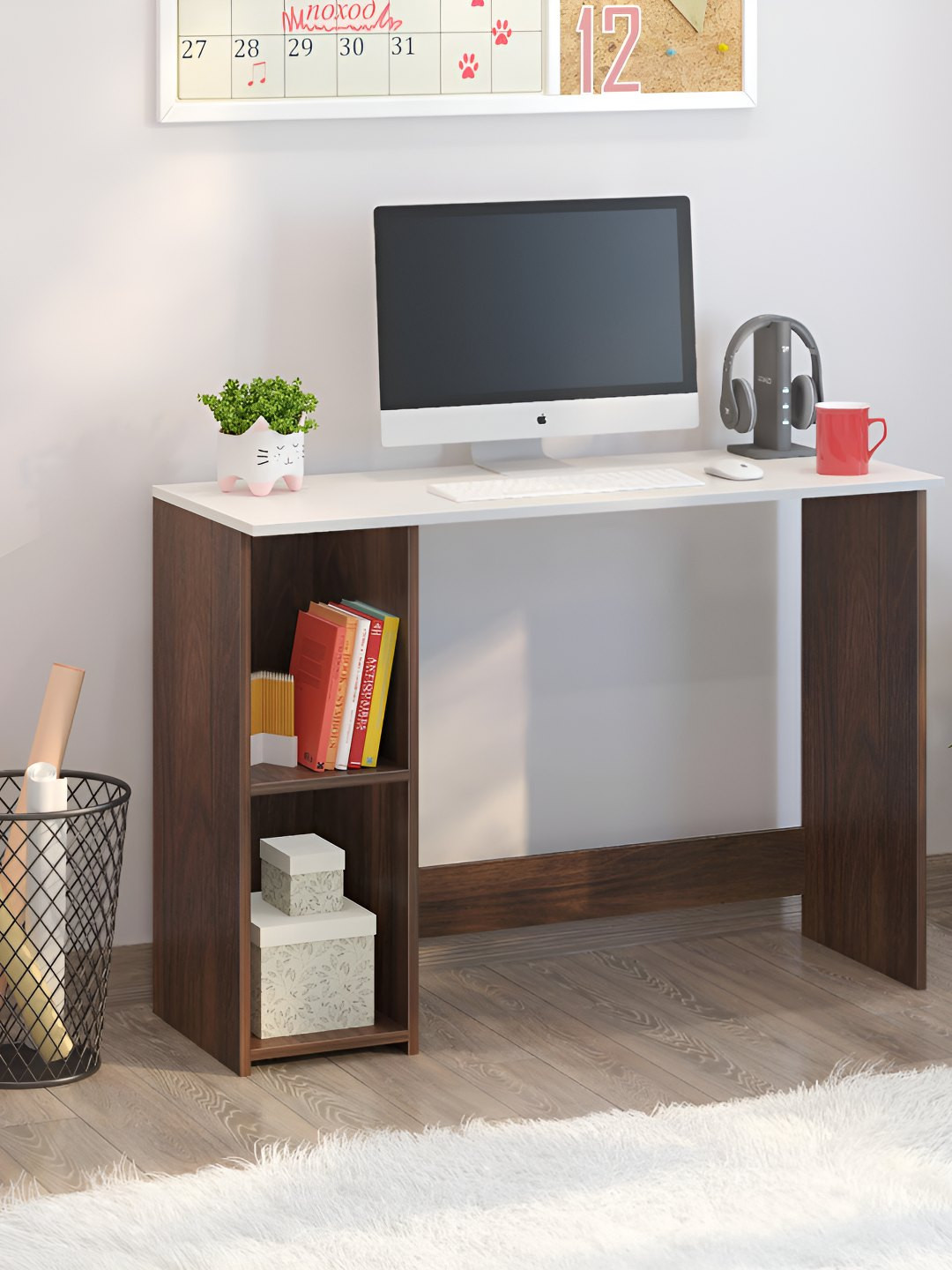 bluewud Mallium Brown Wooden Study Table Wit Shelves