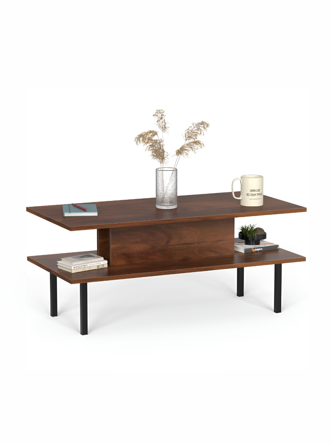 bluewud Eatame Brown Textured Wooden & Metal Rectangle Coffee Table