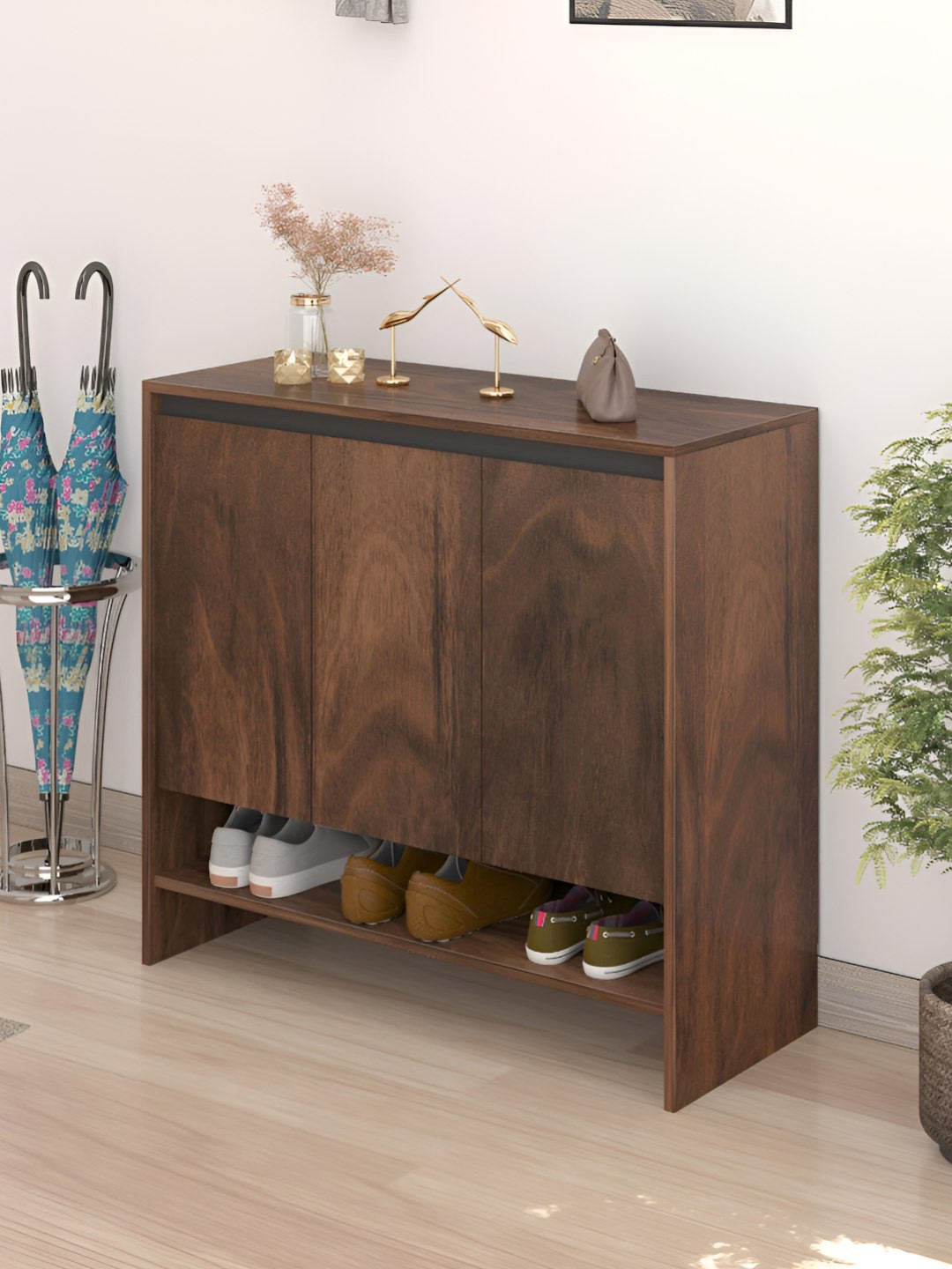 bluewud Brown 8-Layers EngineeredWood 3 Doors Shoe Rack With Premium Handle Less Design