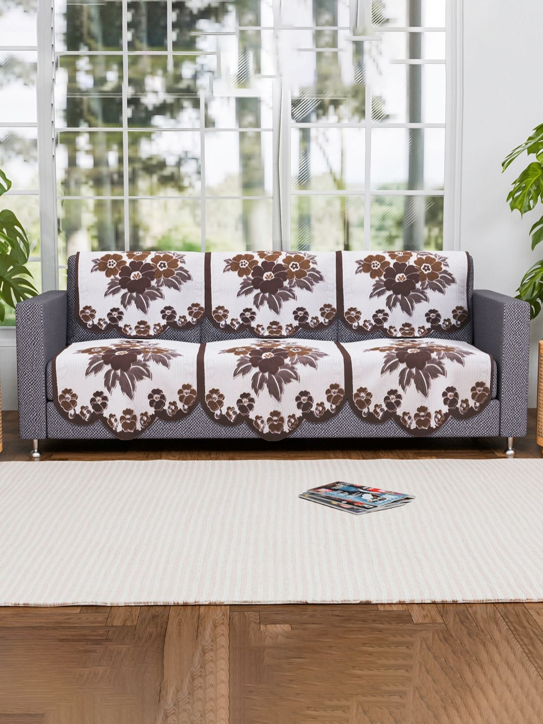 Aura White & Brown Printed Cotton 3 Seater Sofa Cover