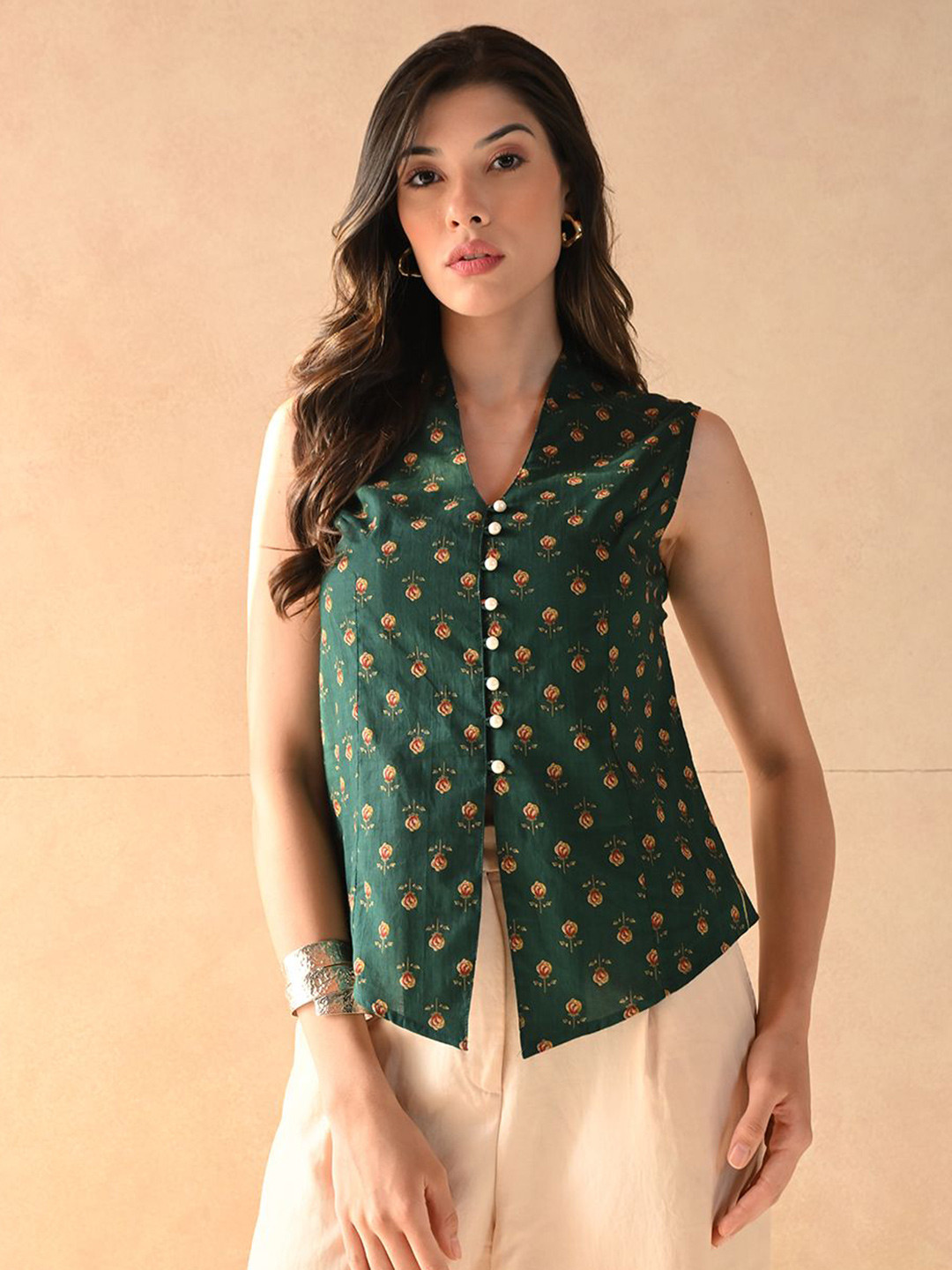 KALAMIR  Women Floral Printed V-Neck Cotton Verdant Vest