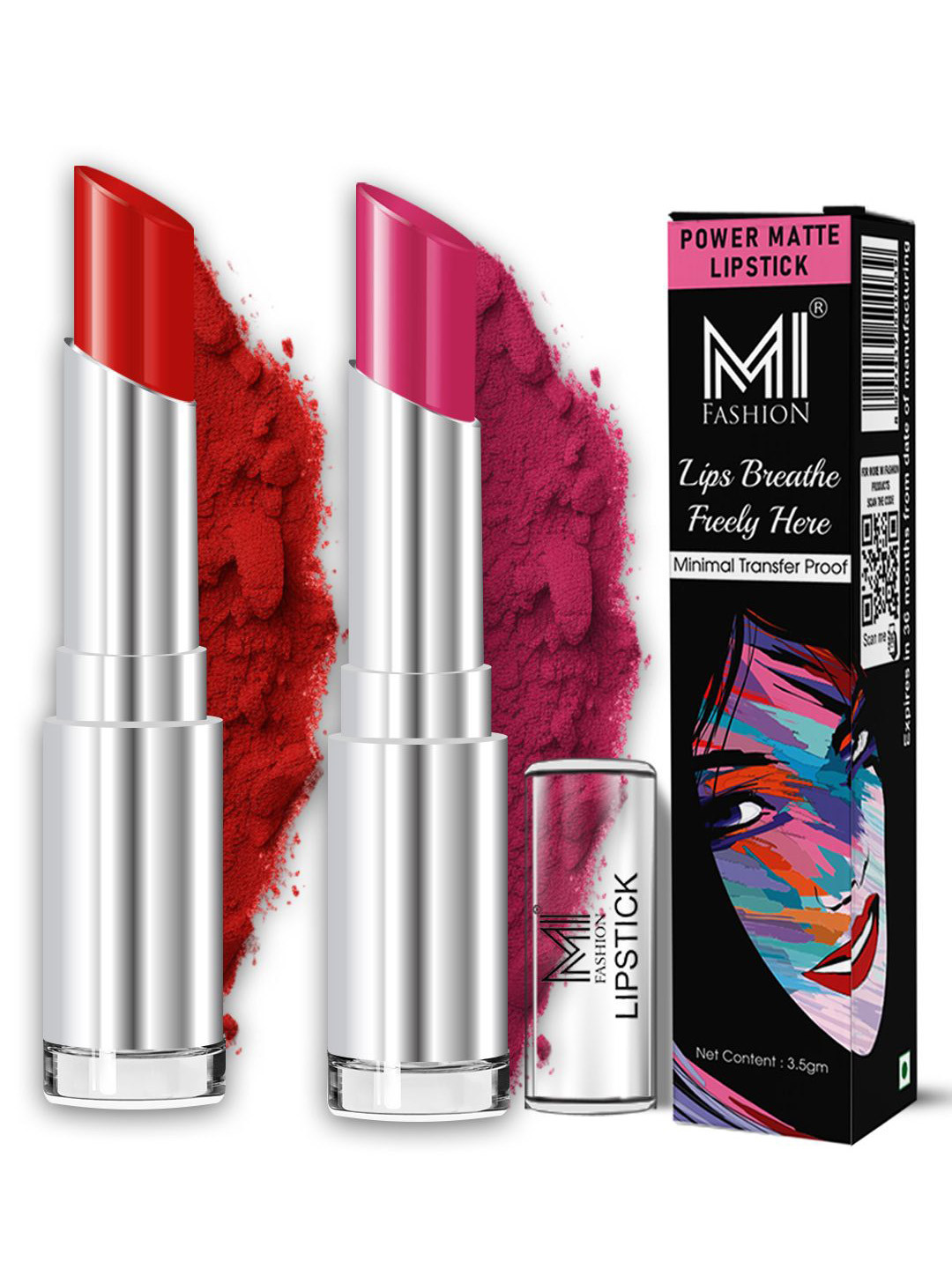 MI FASHION 2Pc Power Matte Smudge Proof Waterproof Lipstick 3.5g Each Red Wine & Rose Pink