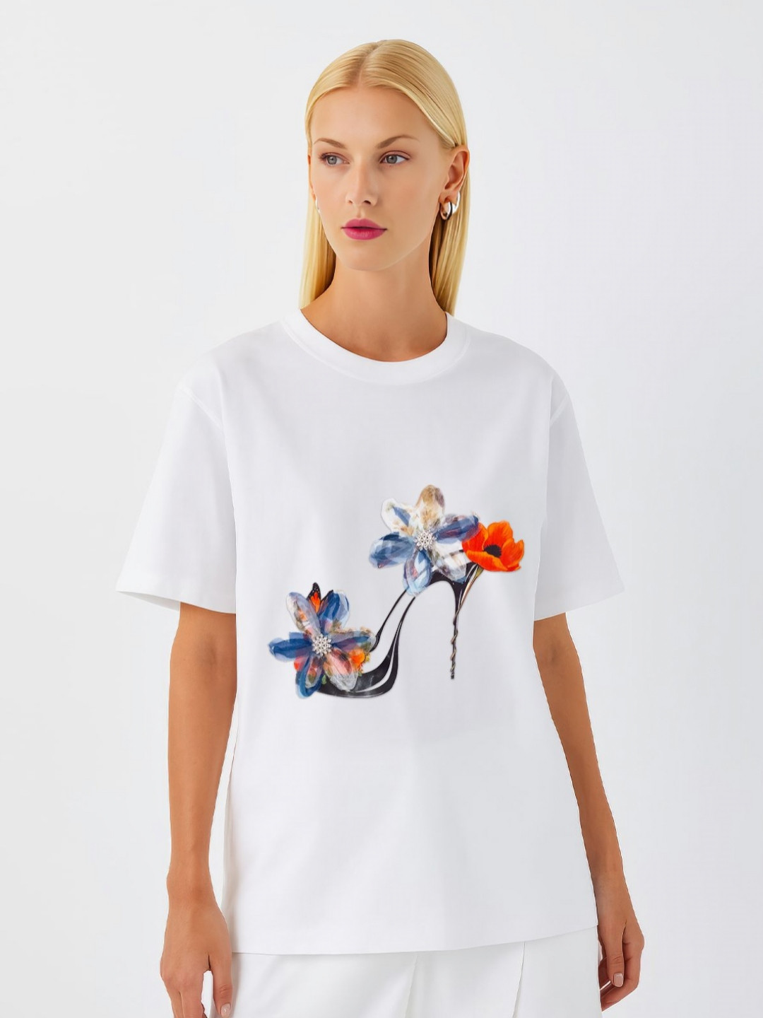 GRACE & JACK Women Oversized White 3D Stitched Floral Heel Artwork T-shirt