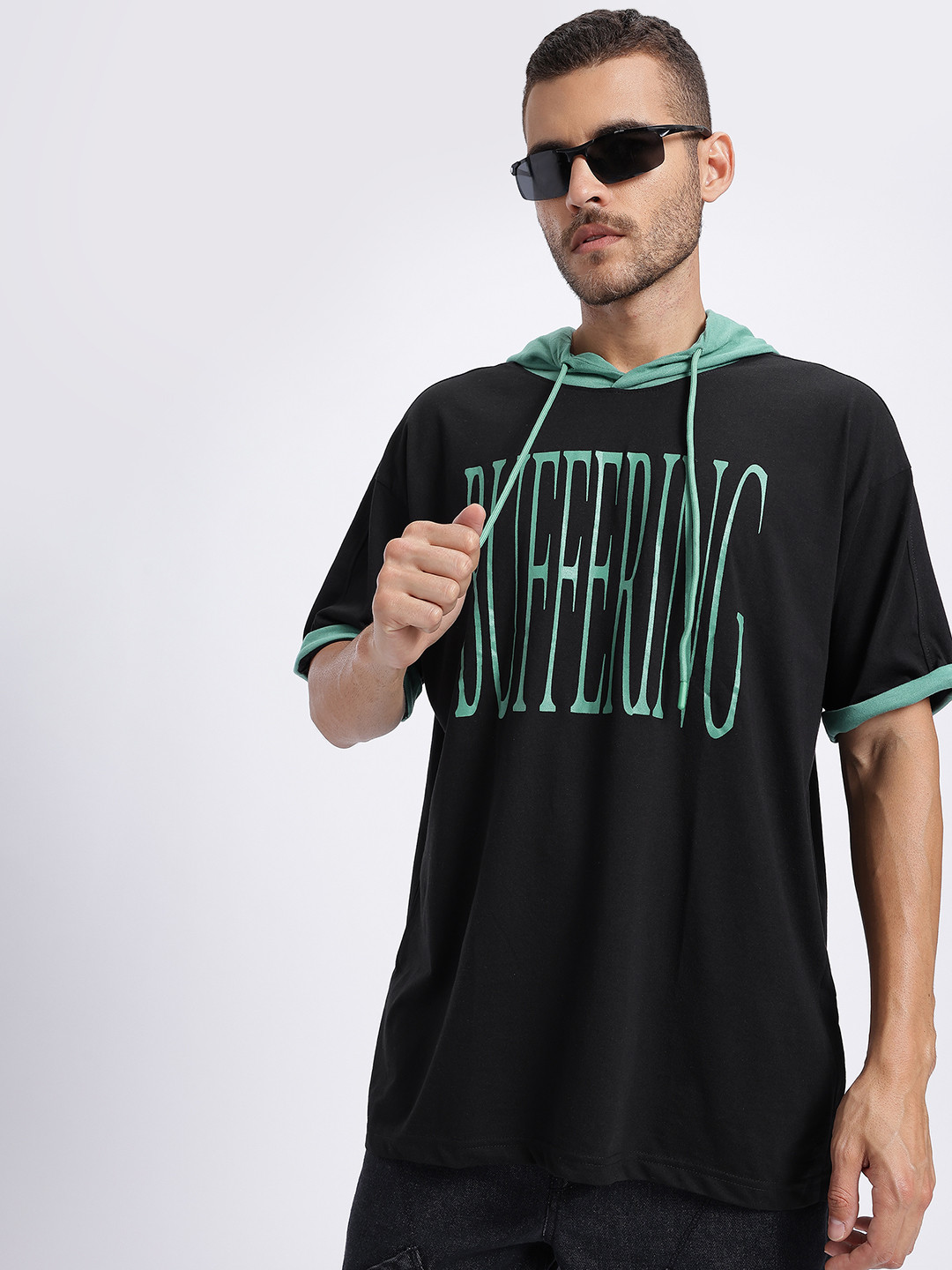 glitchez Typography Print Hooded Oversize T-shirt