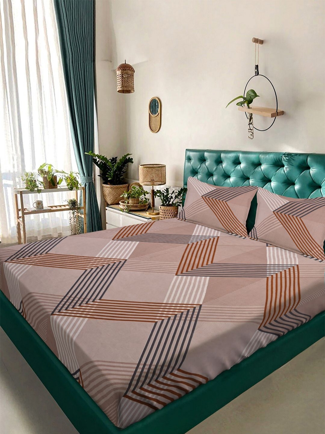 Arrabi Brown Abstract Cotton 350 TC King Superfine Bedsheet with 2 Pillow Covers-250 x 215 cm