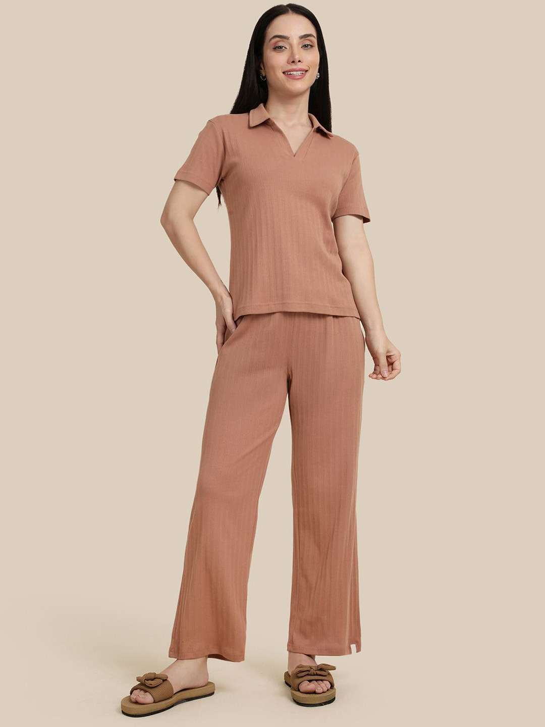 TWIN BIRDS Textured Pure Cotton T-Shirt With Trousers Co-Ords