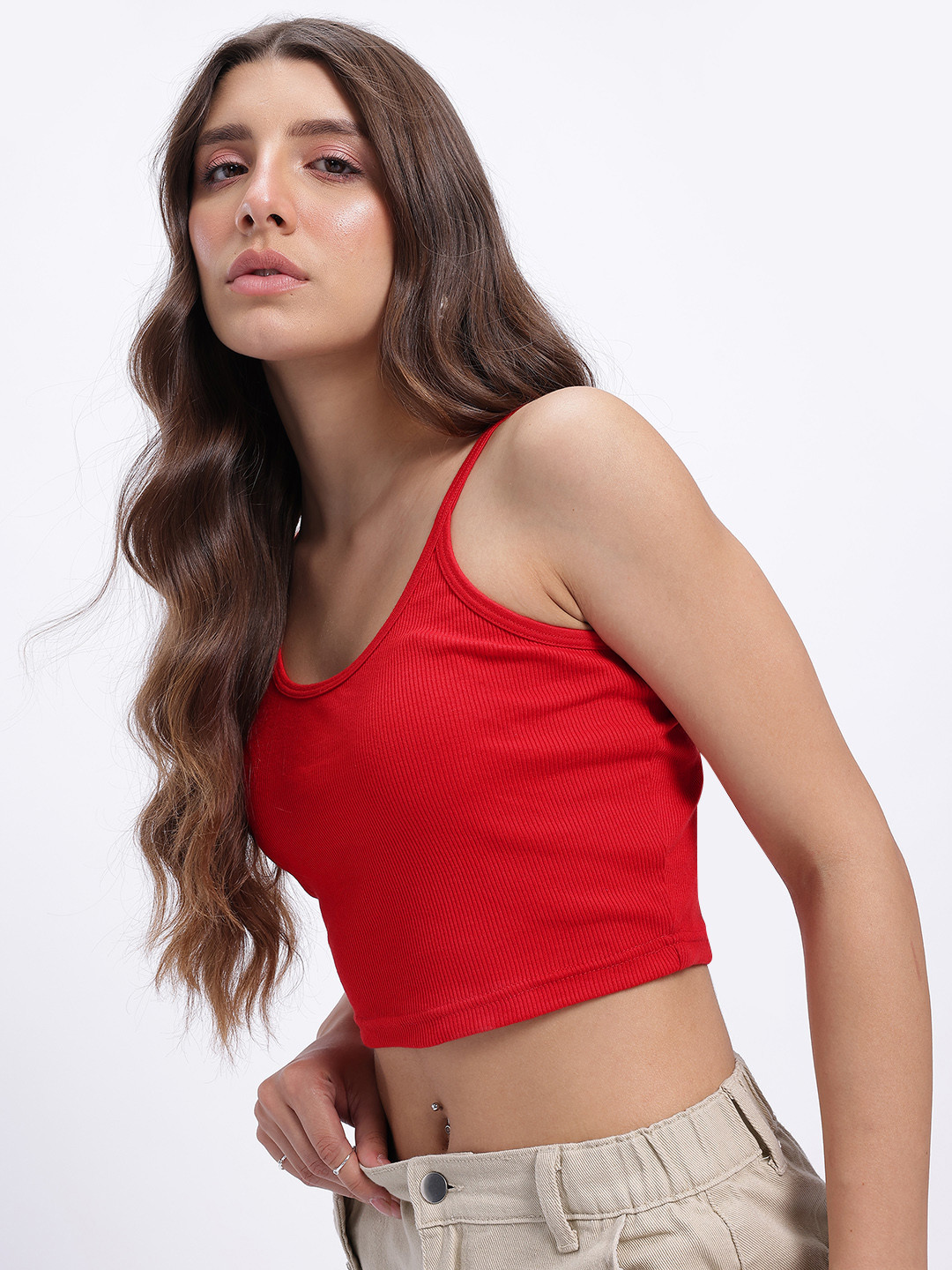 Red Ribbed Scoop Neck Crop Camisole Top