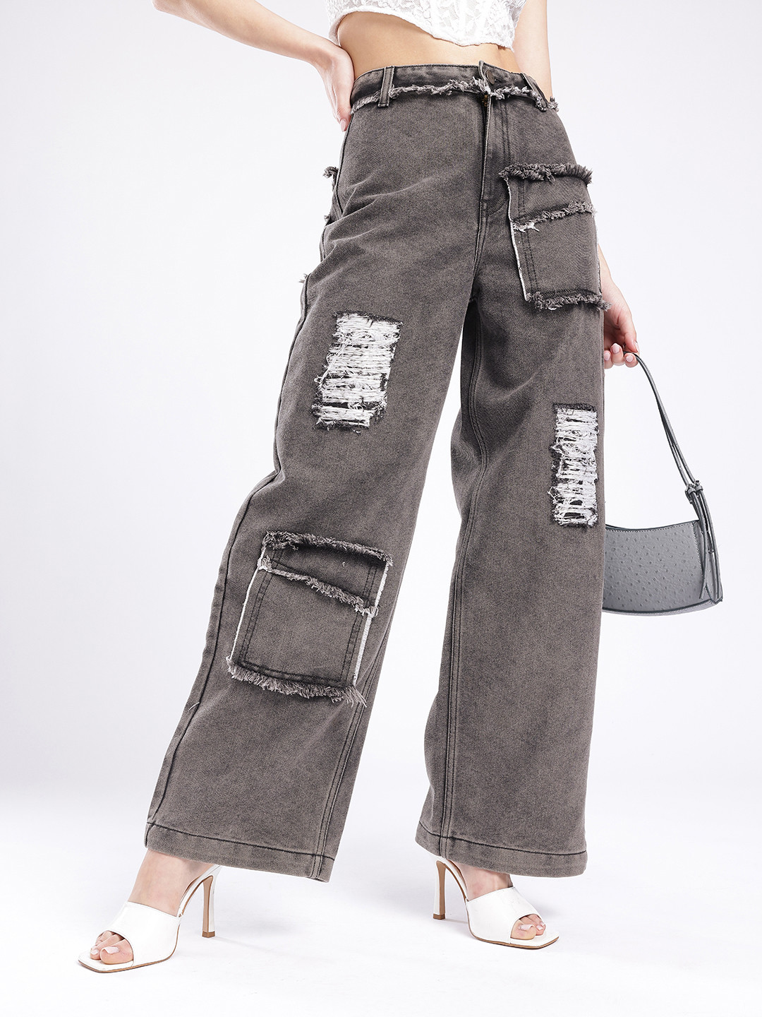 glitchez Women Distressed Baggy High-Rise Light Fade Jeans