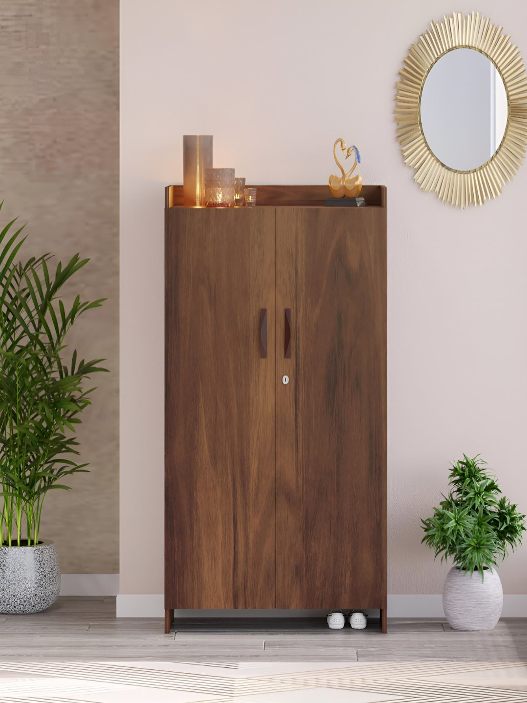 bluewud Brown Engineered Wood 6-Layers 2 Doors Shoe Rack With Lock