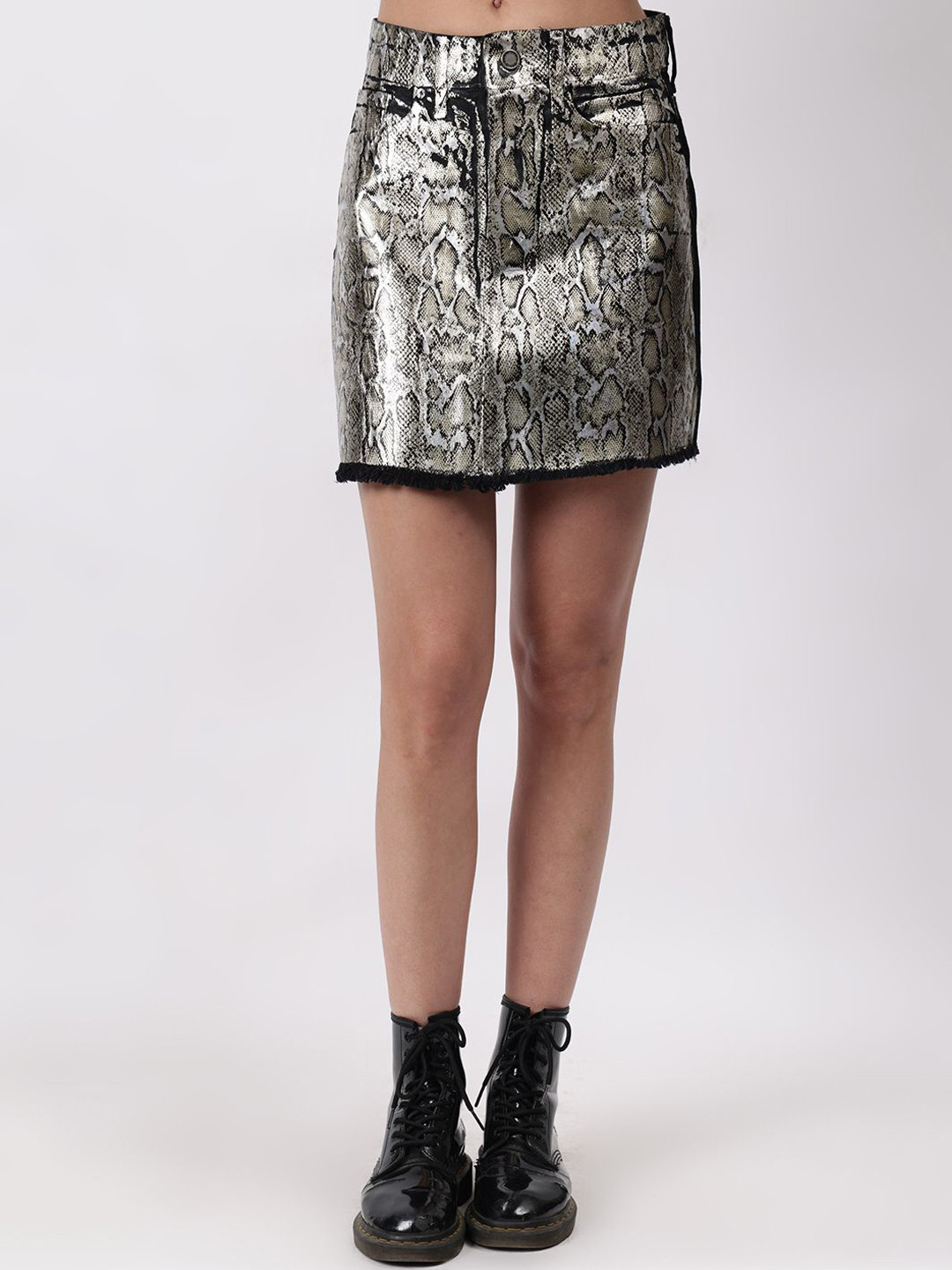 Fashion Gaiia Sequinned Snake Printed Straight Mini Skirt