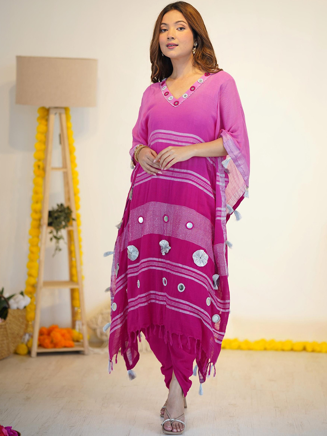 FFI Women Embroidered Linen Tunic With Dhoti Pants Co-Ords