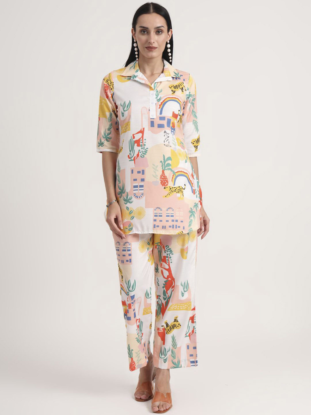 DRUPH & CO Printed Shirt Collar Tunic With Palazzos