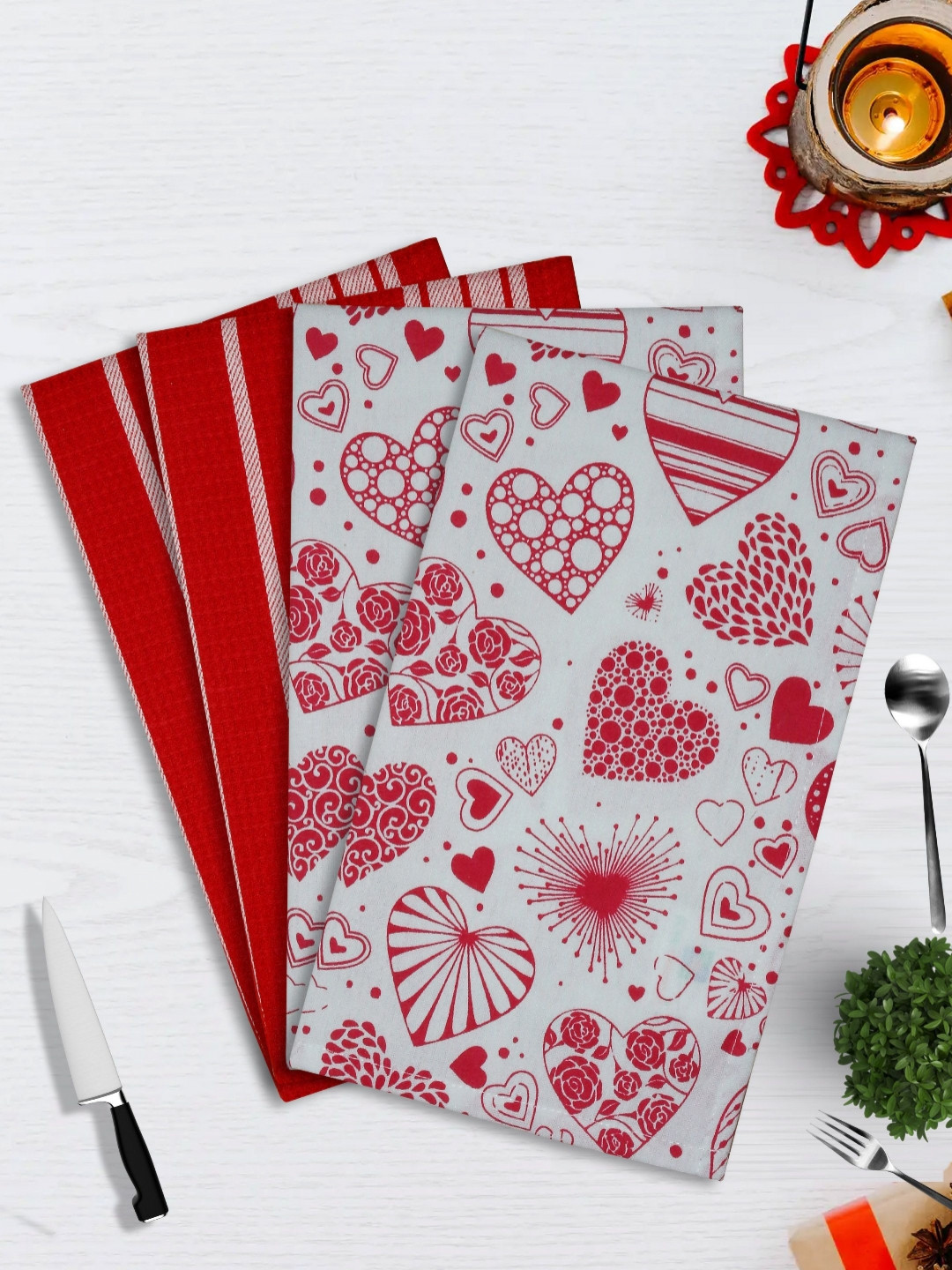 HOME COLORS.IN 4-Pcs Red & White Printed KitchenTowels