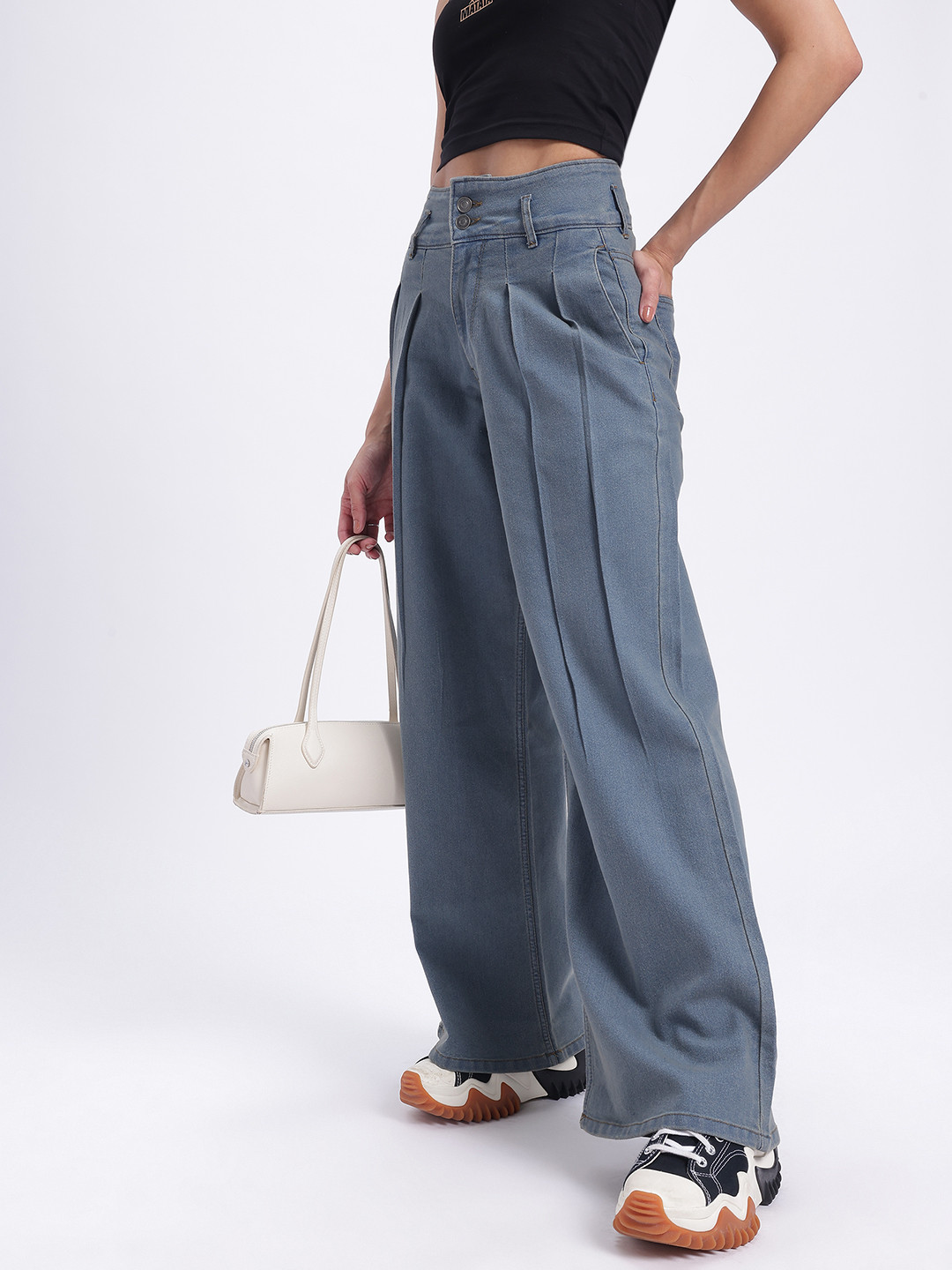 glitchez Women Mid-Rise Stretchable Wide Leg Jeans with Front Pleats