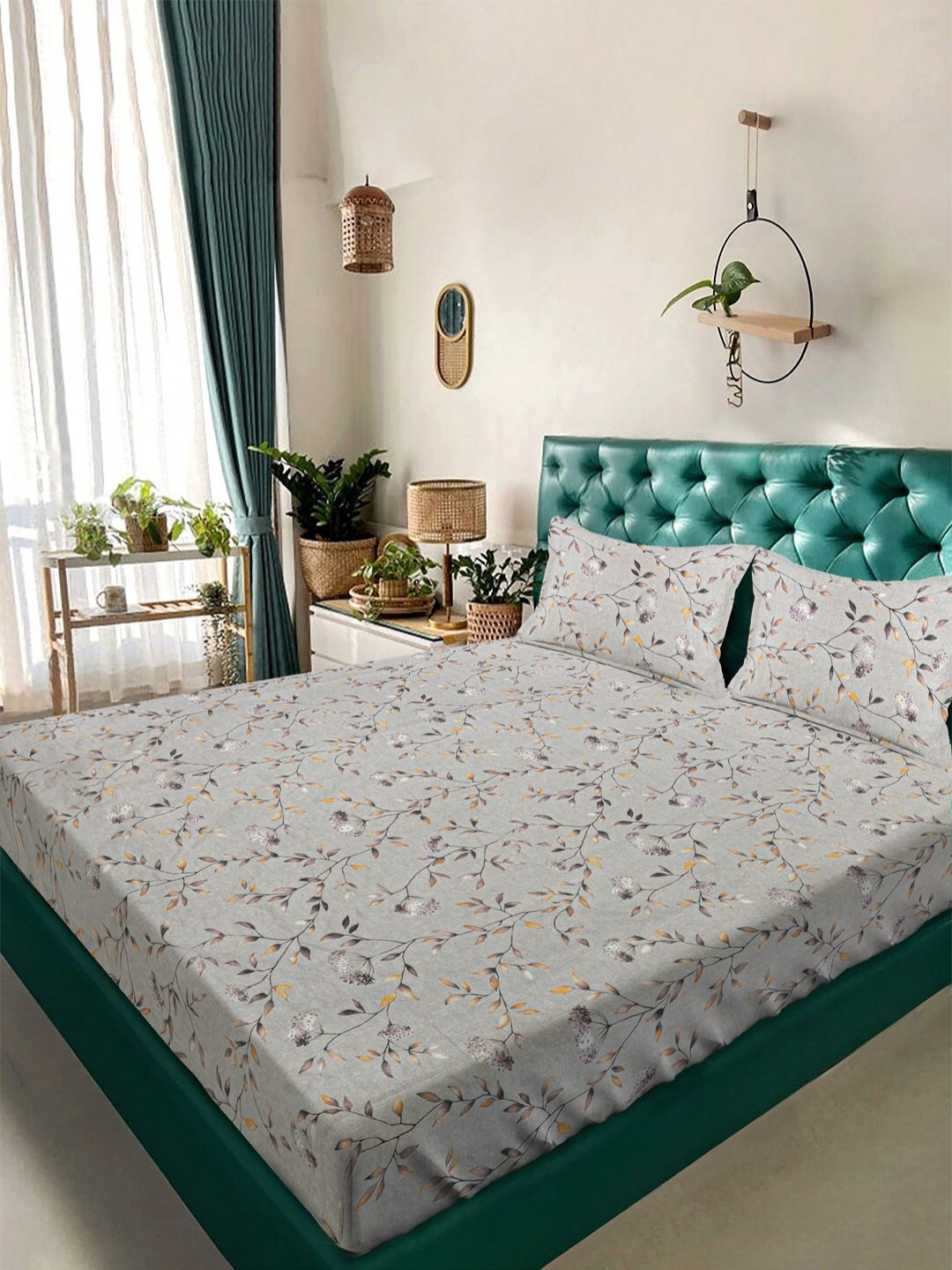 Aura Beige & Yellow Floral Printed 350 TC King Bedsheet Set 2.50 m x 2.15 m