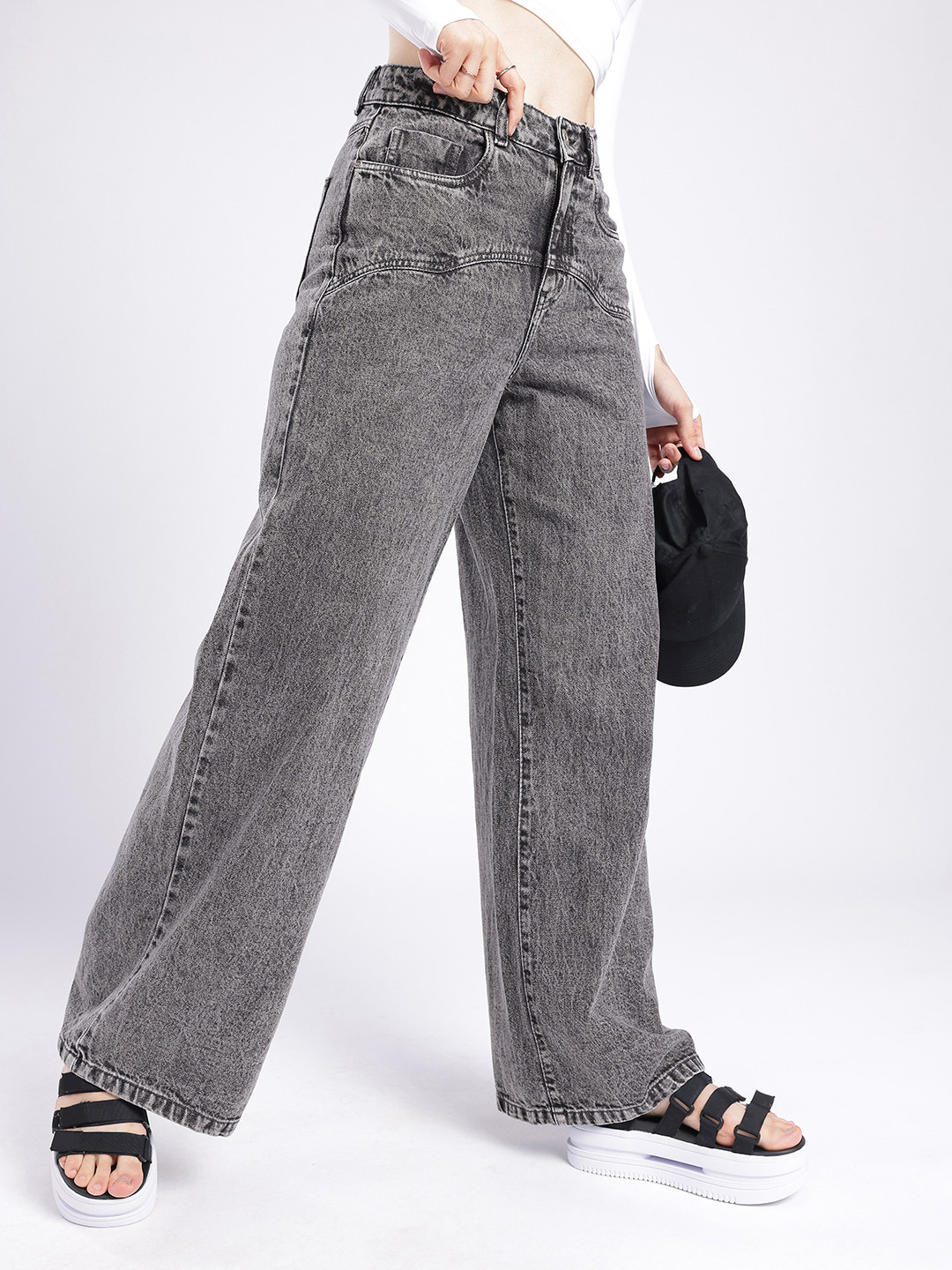 glitchez Women Baggy Wide Leg Heavy Faded Panelling Jeans
