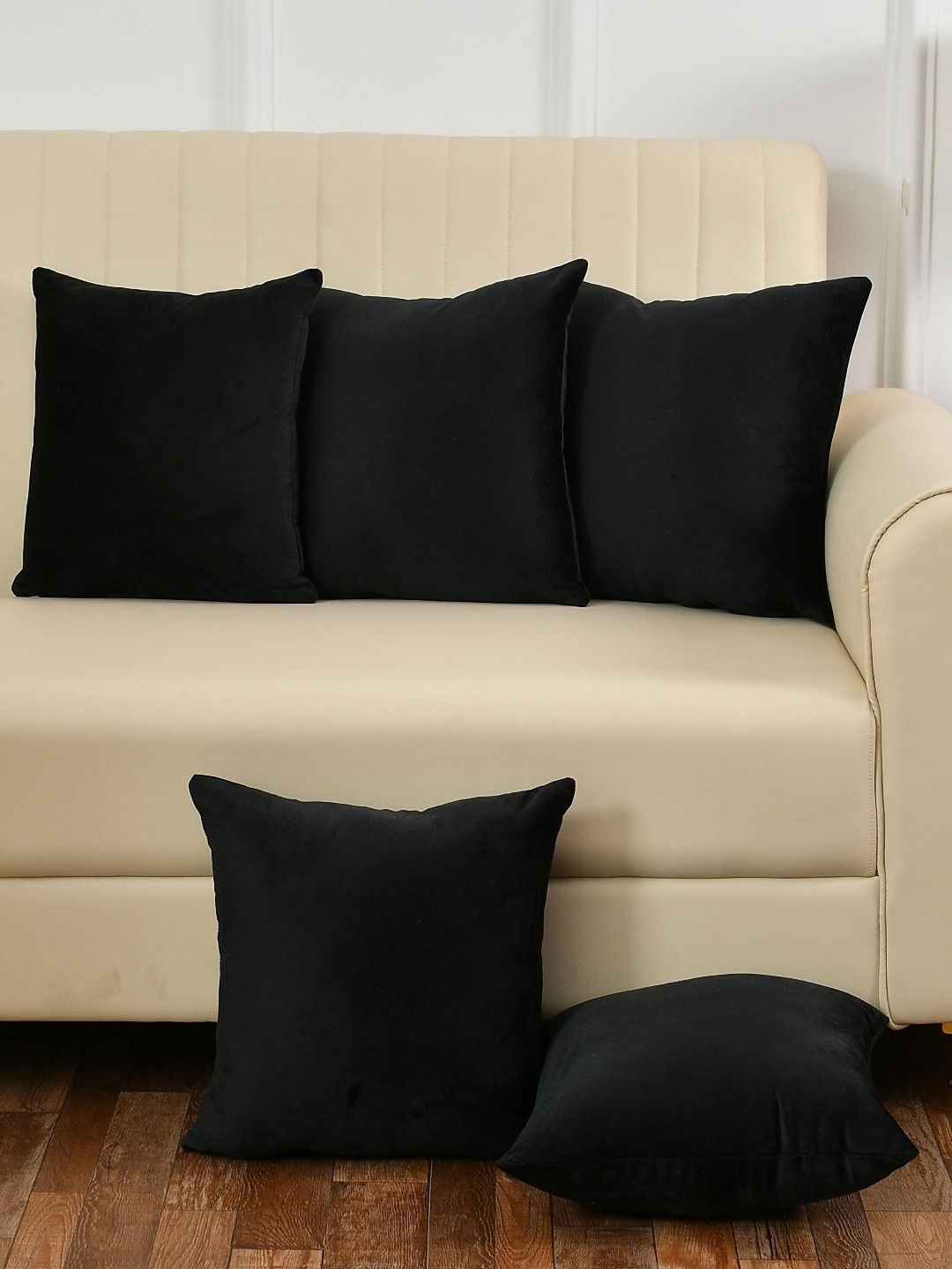 Yellow Weaves Black Velvet Washable 5 Pcs Square Cushion Covers - 24 x 24 In