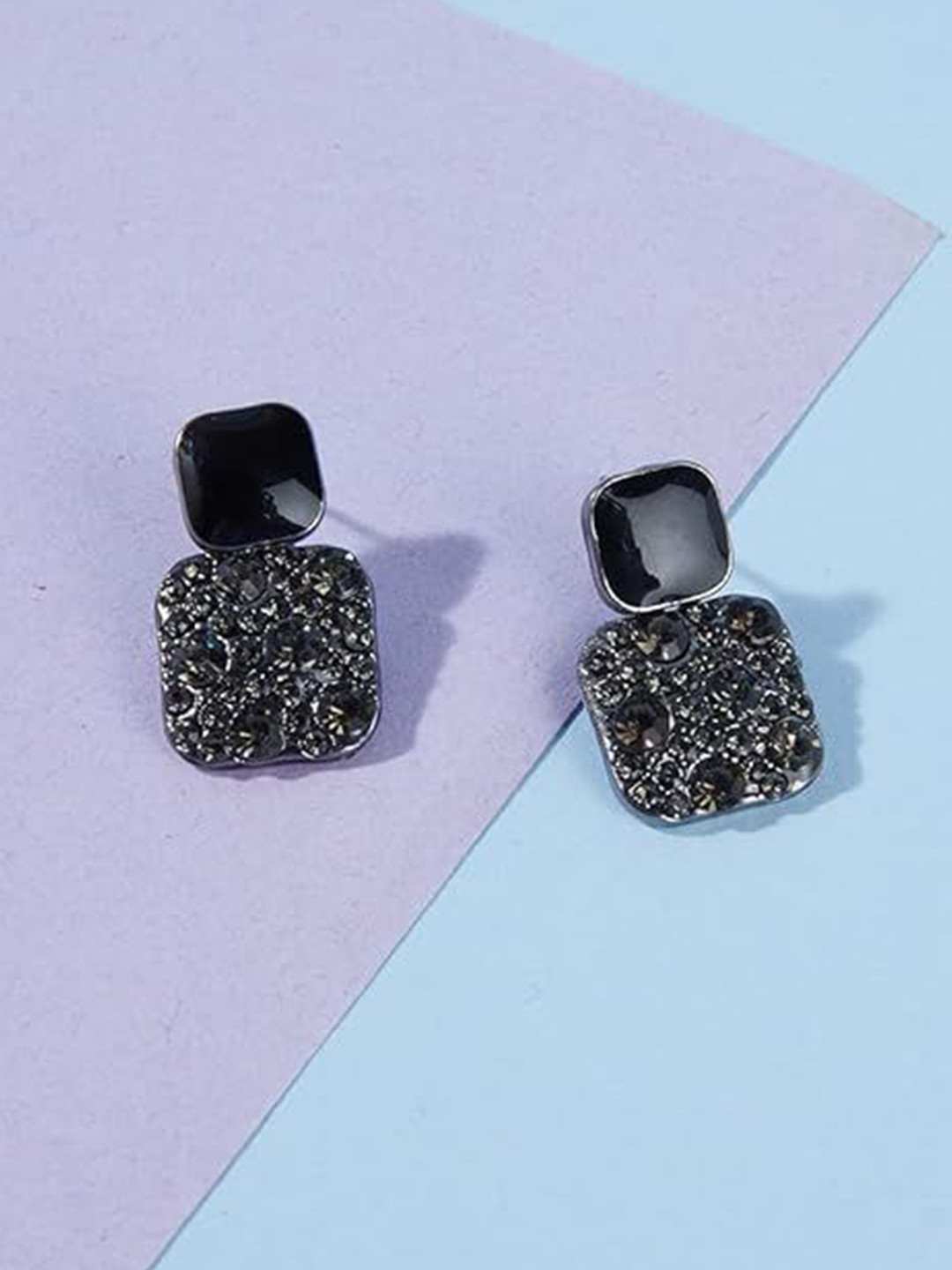 VR Creatives Stainless Steel Artificial Stones Studded Square Shaped Drop Earrings