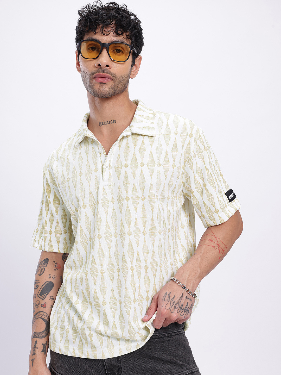 UNRL Geometric Print Polo Collar Regular Fit T-shirt