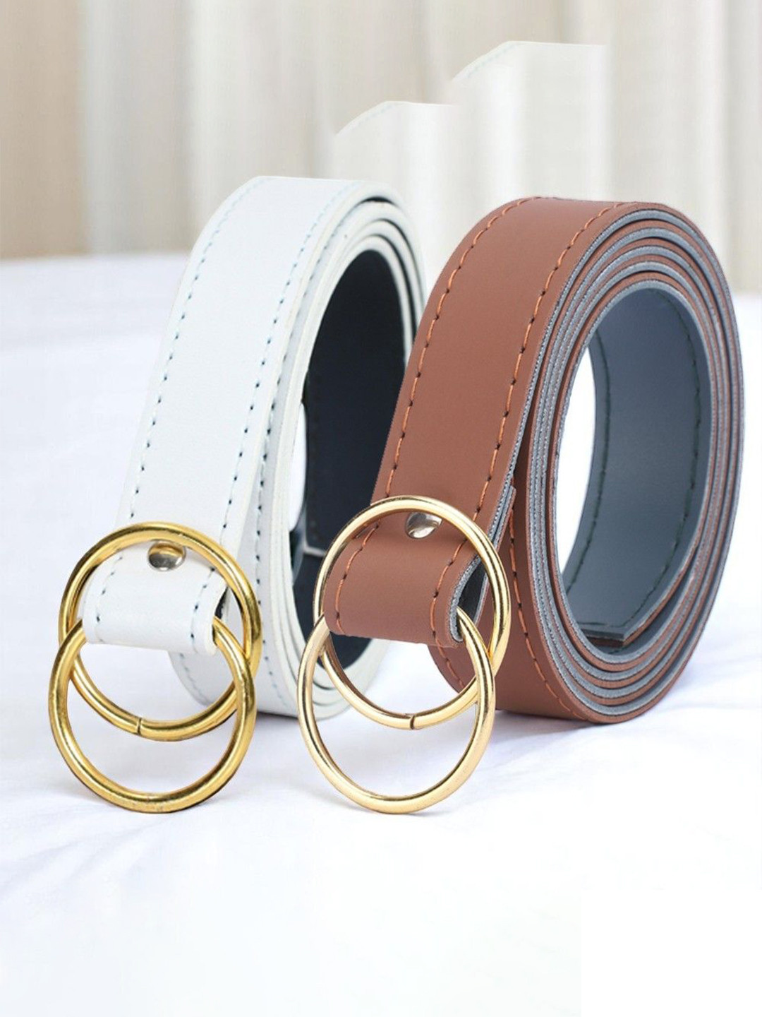 DressBerry Women Pack of 2 Tan & White Solid D-Ring Closure Formal Belt