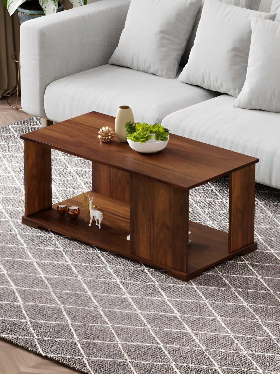 bluewud Noel Brown Textured Wooden Rectangle Coffee Table