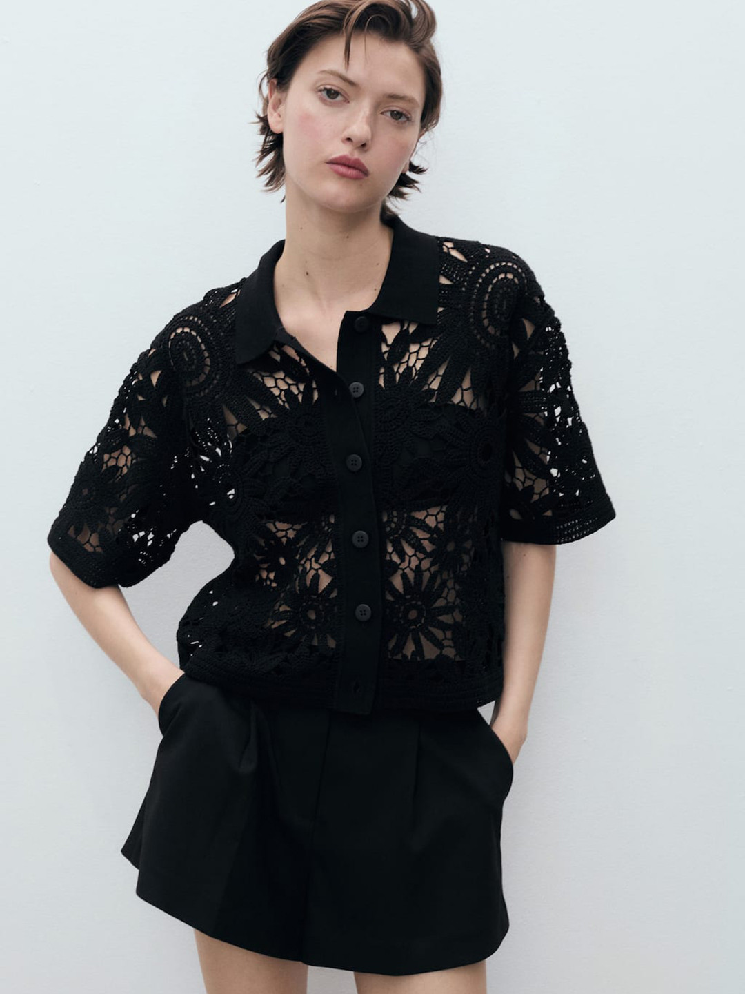 MANGO Floral Sheer Knit Shirt