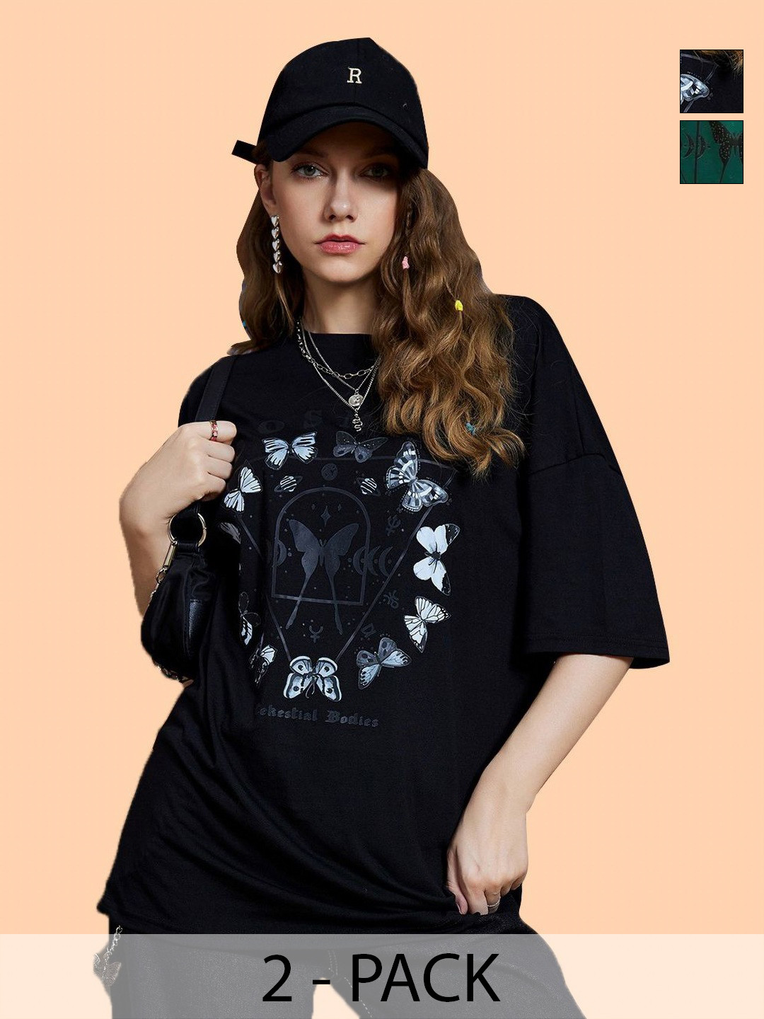 Christy World Butterfly Graphic Printed Pack Of 2 Round Neck Oversized Cotton T-shirts