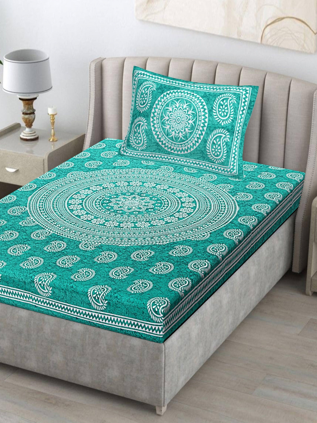 POORAK Teal Paisley Pure Cotton Breathable 104 TC Single Coarse Bedsheet with a Pillow Cover-90 x 60 inches