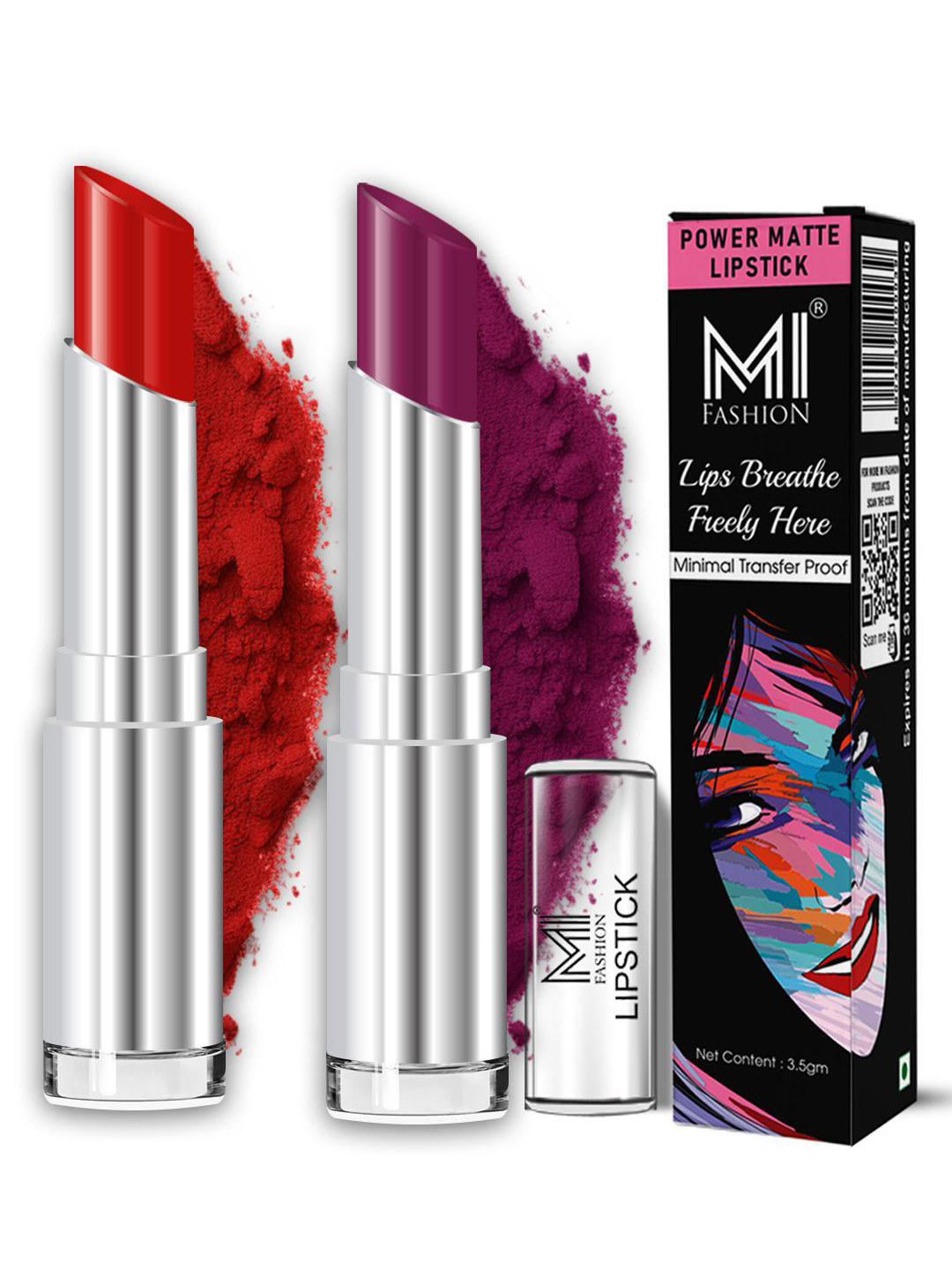 MI FASHION Set of 2 Minimal Transfer Proof Power Matte Lipstick-3.5g -Red Wine & Purple